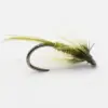 Artificial olive dry fly fishing lure with feathered body on a curved hook, viewed from the side