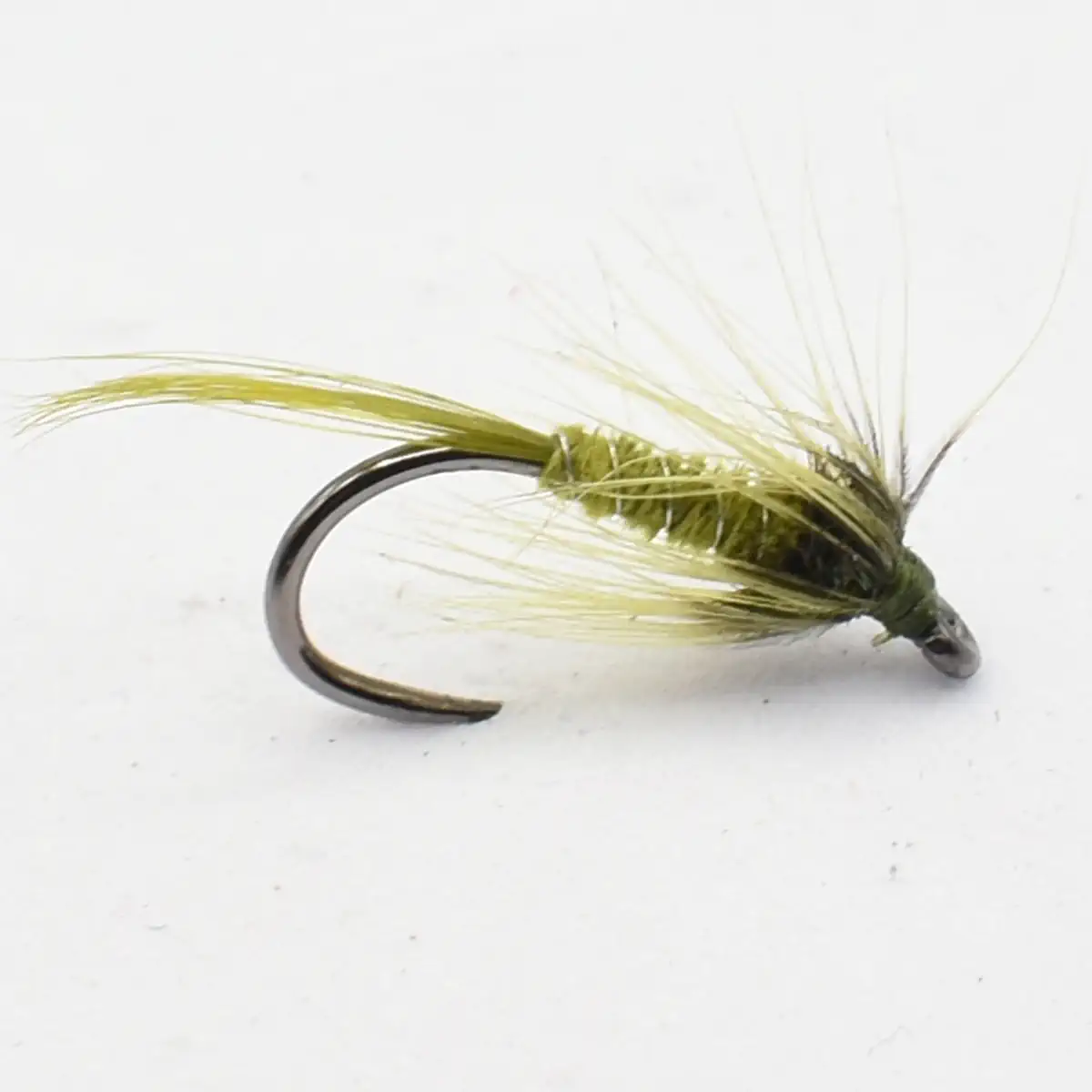 Artificial olive dry fly fishing lure with feathered body on a curved hook, viewed from the side