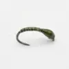 Green curly-tailed fishing lure with a curved hook