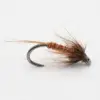 Brown dry-fly fishing lure with feather hackle tied to a curved hook.