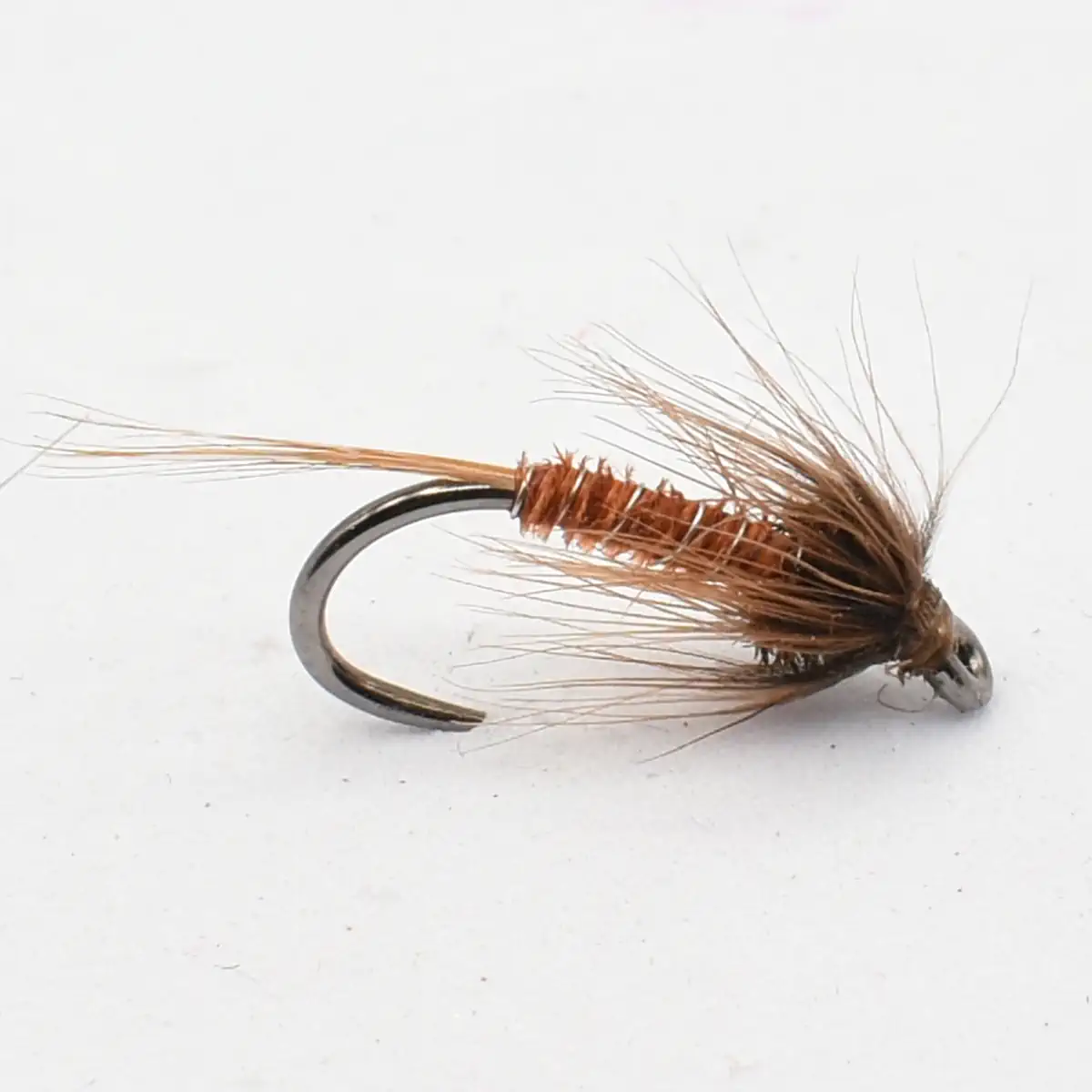 Brown dry-fly fishing lure with feather hackle tied to a curved hook.