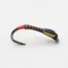 Small fishing fly lure on a curved hook with a brown ribbed body, red front and iridescent blue-yellow tail.
