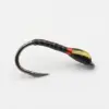 Small fishing lure: a curved hook with a black body and a yellow-red painted head.