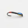 Small colored fishing jig with a red tip and blue bead on a curved hook is shown as a lure.