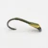Green and yellow soft plastic fishing lure with a curved hook and jig head.