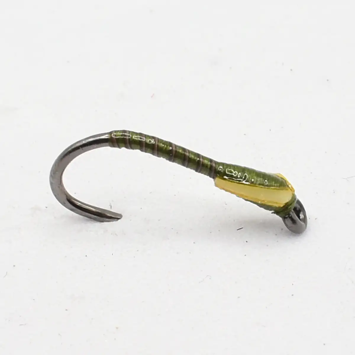 Green and yellow soft plastic fishing lure with a curved hook and jig head.