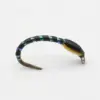 Small curved hoop earring wrapped in black thread with iridescent blue-green beads and a metal post nearby.