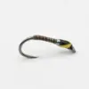 Metal fishing hook with brown wrapped grip and small yellow-and-black lure on a white background, ready to bait a fish
