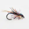 Colorful fishing fly lure with metallic tinsel strands tied to a curved hook.