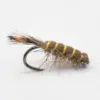 Close-up of a brown, fuzzy fishing fly with yellow thread wraps on a metal hook.