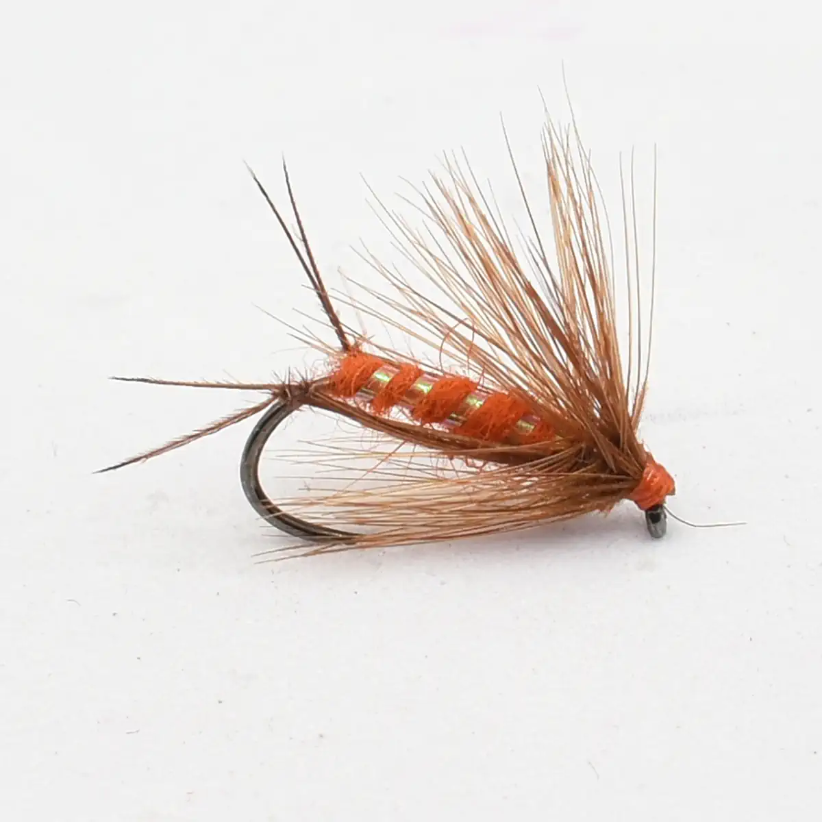 Orange-bodied fishing fly with brown hackle, used as a trout lure.
