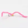 Pink fuzzy chenille worm fishing lure mounted on a curved hook with a small yellow bead