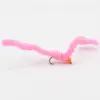 Pink fuzzy chenille fishing lure with a metal hook and orange bead, used to attract fish in freshwater or saltwater fishing.