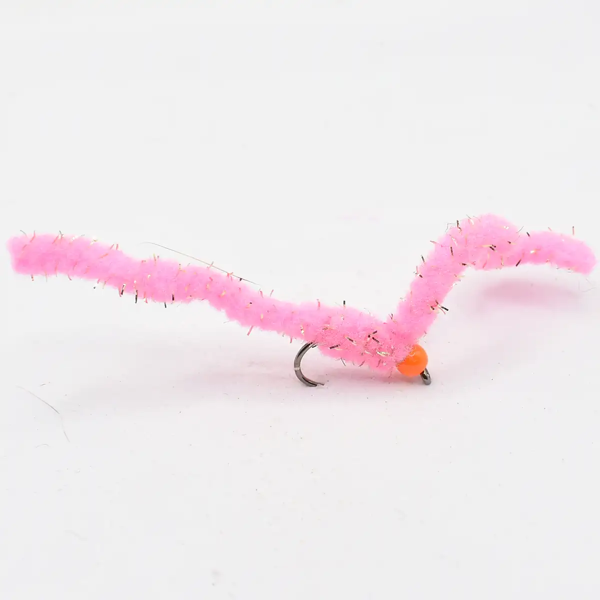 Pink fuzzy chenille fishing lure with a metal hook and orange bead, used to attract fish in freshwater or saltwater fishing.