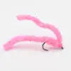 Pink fuzzy fishing lure with a curved hook, designed to attract fish by its bright color and soft chenille body.