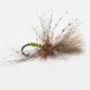 Brown and tan fishing fly with fluffy tail feathers on a hooked body