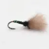 Close-up of a fly fishing lure: a metal hook wrapped in black thread with a brown fur tuft at the end and a green bead near the head.