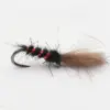 Bead-headed fishing fly with a black fuzzy body, red bead segments, and a brown tail on a curved hook.