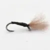 Fishing fly lure with a black thread body and tan fur tail on a metal hook.