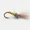Close-up of a fishing fly lure: yellow ribbed body, red thread head, black hook, and brown fuzzy tail.