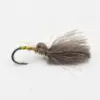 Gray fluffy dry fly fishing lure with a curved hook, used for fly fishing.