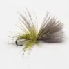 Fly fishing lure with olive-green and gray feather hackle and a visible hook tailing to the left.