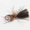 Artificial fly fishing lure with brown and white feather hackle and red thread, designed to imitate prey in fly fishing