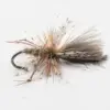 Close-up of a feathered fishing fly tied to a hook, with brown and tan hackle fibers extending outward