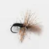 Dry fly fishing lure with black body and tan/gray hackle, mounted on a curved hook.