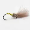 Fishing fly lure with a yellow body and brown feather tail, used for fly fishing