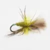 Artificial fly fishing lure with olive-yellow hackle and brown tail on a curved hook.