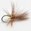 Dressed fishing fly with brown hackles and a yellow-green body tied to a curved fishing hook