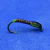 Hand-tied fishing fly with green head and brown segmented body on a curved hook against a blue background