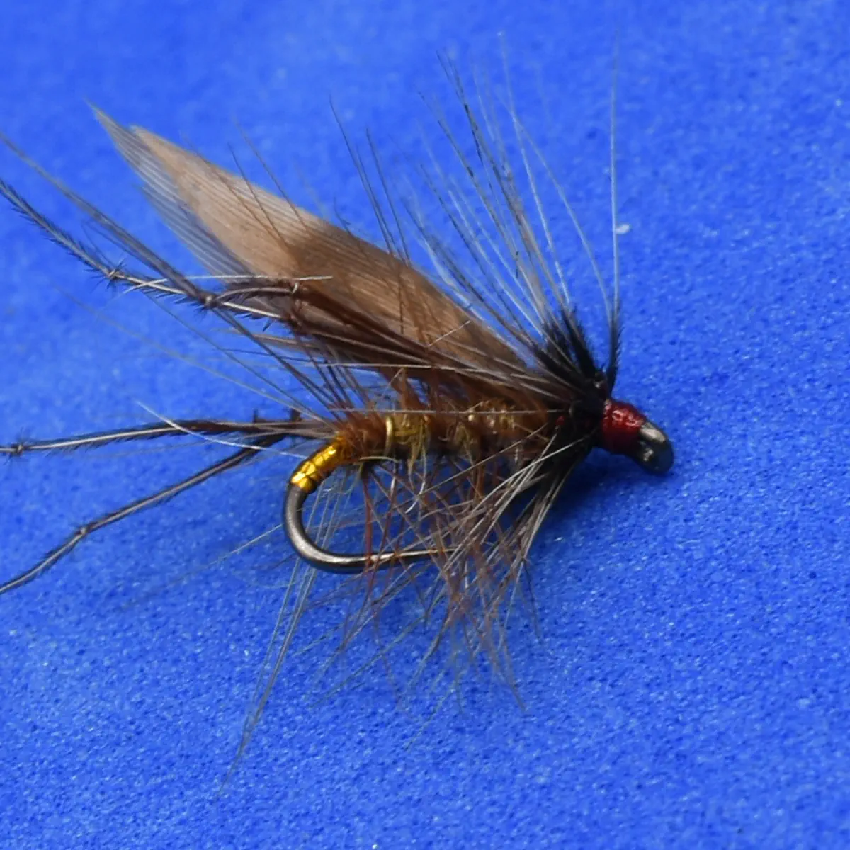 Artificial fishing fly with brown feather hackle and gold ribbing on a curved hook against a blue background
