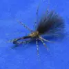 Dark, fluffy fly fishing lure with black hackle and striped body on a blue background, used for trout fishing.