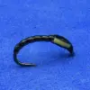 Curved black wire with a small beige rectangular block attached, shown on a blue background.