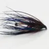 Colorful fishing lure with long blue, black, and red strands on a dark weighted head.
