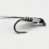 A fly fishing lure tied on a curved hook with green bead wraps and wispy black feather hackle used to imitate prey.