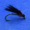 Black-feathered fly fishing lure with a red collar and curved hook tip (trout/steelhead pattern)