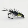 Green and black fishing fly with feathery hackle and blue-green bead accents on a curved hook edge.