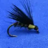 Black dry-fly fishing lure with a feathered hackle and green ribbed body on a curved hook used for fly fishing.