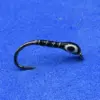 Close-up of a black curved fishing hook with white thread wrapping on a blue surface.