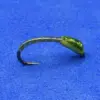Translucent green fishing lure with a curved body and a single hook on a blue background.