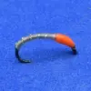 Soft plastic fishing lure with an orange head and ribbed gray body on a curved hook.