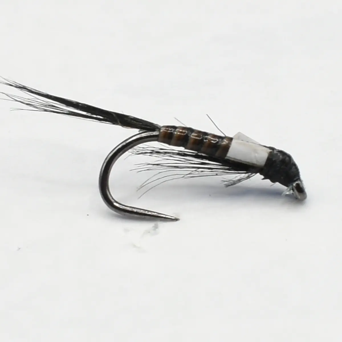 Close-up of a fishing fly tied to a curved hook, with a dark brown segmented body and wispy black feathers extending from the rear.