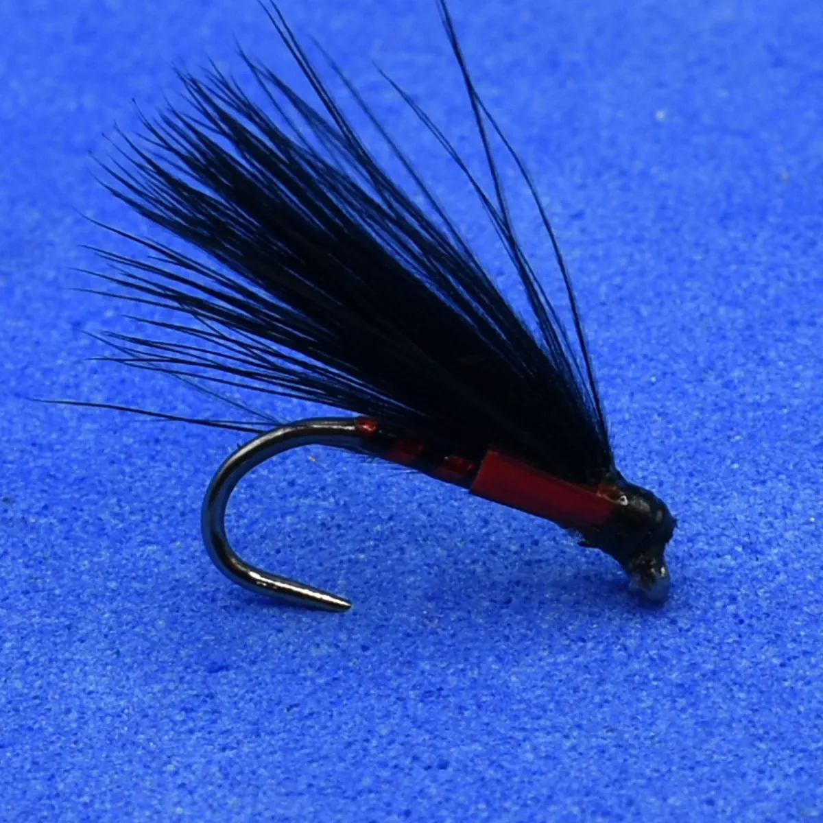 Black feathered fishing fly tied on a curved hook with a red body, set on a blue background for trout fishing.