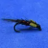 Bead-headed fishing fly: black body with long black hackle and a yellow bead wing/body, used for fly fishing.