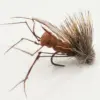 Close-up of a dry fly fishing lure with a brown body and fluffy gray hackle feathers on a white background.