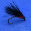 Fly fishing lure with black feather hackle and red body on a curved hook
