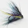 Colorful fly fishing lure with multicolored feather fibers tied to a curved hook, arranged like a fan.